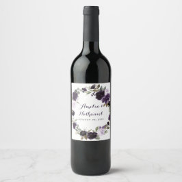 Etiqueta Para Botella De Vino Elegante Boda Floral de hojas verdes moradas y dor