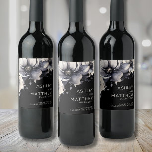 Etiqueta Para Botella De Vino Elegante Boda Floral Negra Blanca