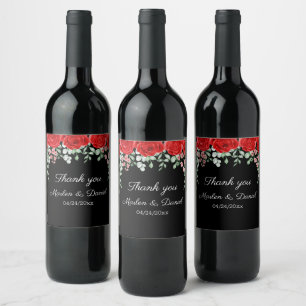 Etiqueta Para Botella De Vino Elegante Boda Floral Negro Y Rojo