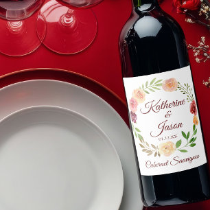 Etiqueta Para Botella De Vino Elegante Boda Floral Personalizada de Borgoña