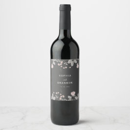 Etiqueta Para Botella De Vino Elegante Boda floral rosa y gris oscuro de Rubor