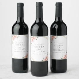 Etiqueta Para Botella De Vino Elegante Boda floral Rubor color rosa oro geométri