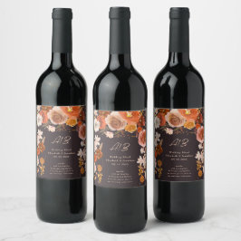 Etiqueta Para Botella De Vino Elegante Boda Floral Terracotta Midnight Rich