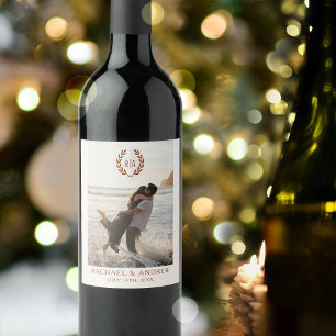 Etiqueta Para Botella De Vino Elegante Boda fotográfico monograma Wreath Terraco