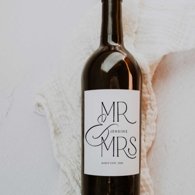 Etiqueta Para Botella De Vino Elegante Boda mínimo personalizado (Elegant Black and White Wedding Wine Label)