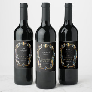 Etiqueta Para Botella De Vino Elegante Boda Nocturna de Casino Art Déco en Azul