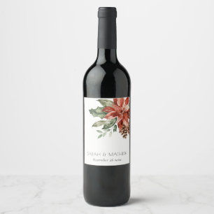 Etiqueta Para Botella De Vino Elegante Boda Pine Cone de Poinsettia Verde Rojo