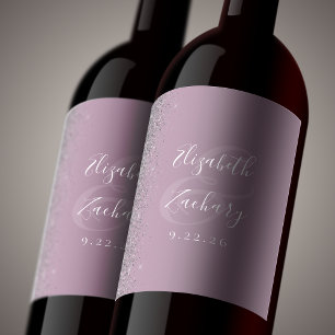 Etiqueta Para Botella De Vino Elegante Boda Purpurina Dusty Lilac Silver