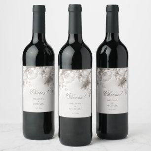 Etiqueta Para Botella De Vino Elegante Boda Romántica de Rosas 3D de Marfil
