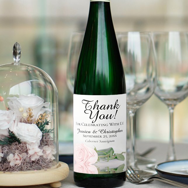 Etiqueta Para Botella De Vino Elegante Boda Rosa Rosa Rosa Rosa De Rubor Gracias (Subido por el creador)