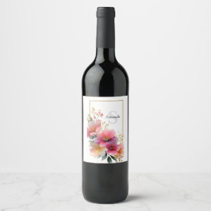 Etiqueta Para Botella De Vino Elegante borde floral rosa con acuarela y dorado