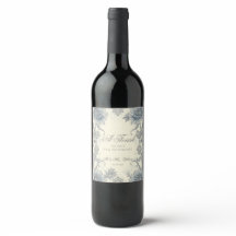 Elegante Botella de Vino Floral Gris Azul Boda