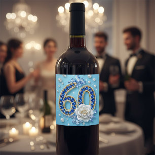 Etiqueta Para Botella De Vino Elegante Brillante Azul y Joyas de la Perla 60º cu