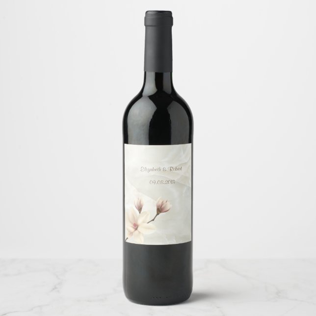 Etiqueta Para Botella De Vino Elegante Chic Magnolia, Mármol Blanco (Anverso)