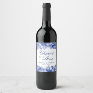 Etiqueta Para Botella De Vino Elegante Chinoisería Azul Chic Floral Boda