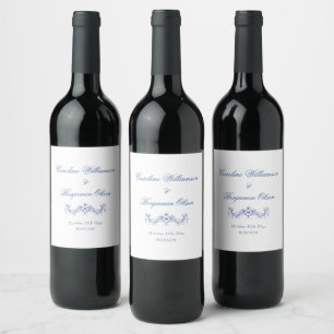 Etiqueta Para Botella De Vino Elegante Clásico Azul Floral Francés País Boda