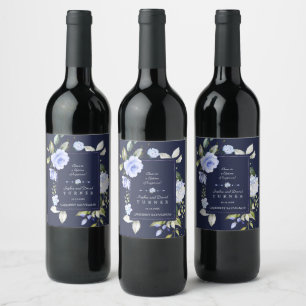 Etiqueta Para Botella De Vino Elegante color de agua azul Flores Boda de marco