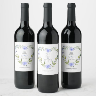 Etiqueta Para Botella De Vino Elegante color de agua Flores azules Wreath Boda