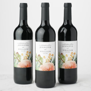 Etiqueta Para Botella De Vino Elegante color de agua Suculento Boda de corona