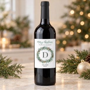 Etiqueta Para Botella De Vino Elegante Corona de Navidad Blanca y Verde con Mono