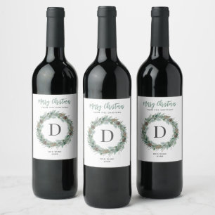 Etiqueta Para Botella De Vino Elegante Corona de Navidad Blanca y Verde con Mono