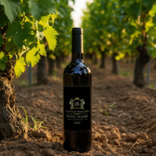Etiqueta Para Botella De Vino Elegante Corona Dorada Marco Sobre Negro Personali