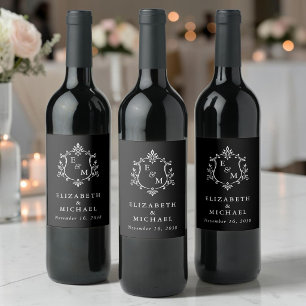 Etiqueta Para Botella De Vino Elegante Cresta de Monograma de Boda Negro