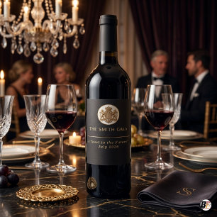 Etiqueta Para Botella De Vino Elegante Cresta Negra y Dorada Evento Personalizad