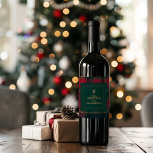 Etiqueta Para Botella De Vino Elegante Cuadro de Tartán Feliz Navidad Nombre de