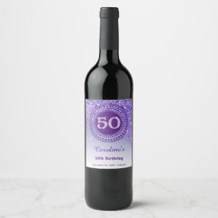 Etiqueta Para Botella De Vino Elegante Cumpleaños 50 Caída de Purpurina Morada