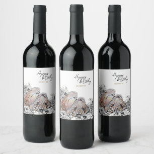 Etiqueta Para Botella De Vino Elegante cumpleaños botánico floral tigre