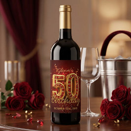 Etiqueta Para Botella De Vino Elegante Cumpleaños Número 50 Rojo y Dorado