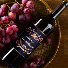 Etiqueta Para Botella De Vino Elegante Demanda dorada Monogramada Azul Real