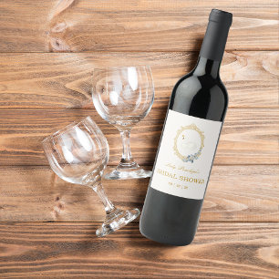 Etiqueta Para Botella De Vino Elegante Ducha de Novia Azul y Dorado Damask