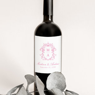 Etiqueta Para Botella De Vino Elegante Escudo chino rosado Monograma Boda