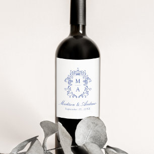 Etiqueta Para Botella De Vino Elegante Escudo de Chinoiserie azul Monograma Boda