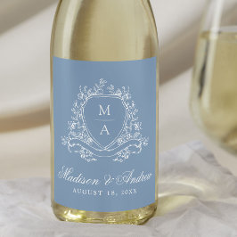 Etiqueta Para Botella De Vino Elegante Escudo floral Monograma Boda azul