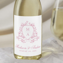 Etiqueta Para Botella De Vino Elegante Escudo floral rosa Boda Monograma