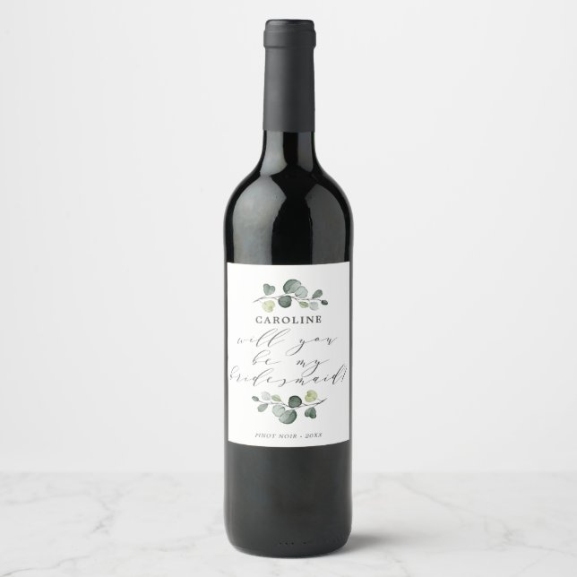 Etiqueta Para Botella De Vino Elegante Eucalyptus Greenery Bridesmaid Propuesta (Anverso)
