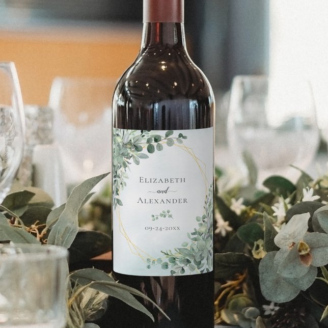 Etiqueta Para Botella De Vino Elegante Eucalyptus Greenery Gold Boda (Subido por el creador)