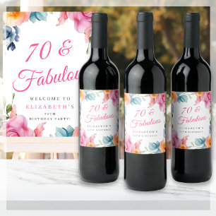 Etiqueta Para Botella De Vino Elegante fiesta de cumpleaños 70 de Floral