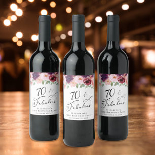 Etiqueta Para Botella De Vino Elegante fiesta de cumpleaños 70 de Floral