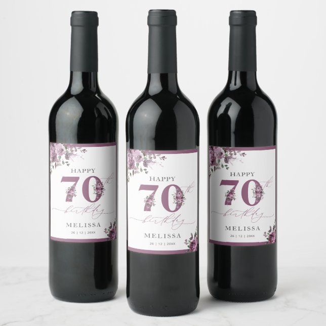Etiqueta Para Botella De Vino Elegante Fiesta de Cumpleaños de la Floral Púrpura (Botellas)