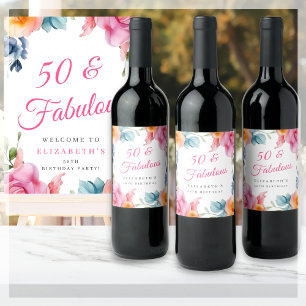 Etiqueta Para Botella De Vino Elegante fiesta de cumpleaños número 50 de Floral