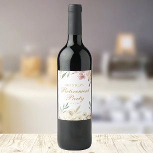 Etiqueta Para Botella De Vino Elegante Fiesta de Jubilación con Letra Dorada Flo