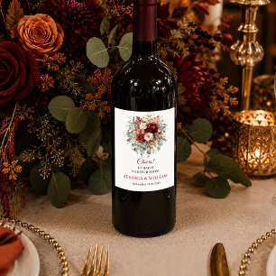 Etiqueta Para Botella De Vino Elegante Flor de Oro Borgoña Otoño boho floral