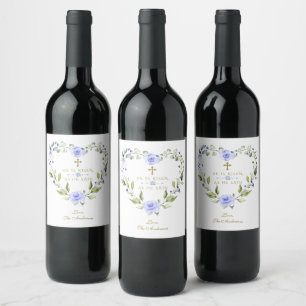 Etiqueta Para Botella De Vino Elegante Floral Azul Floral Wreath Es Pascua De Or