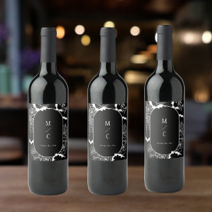 Etiqueta Para Botella De Vino Elegante Floral Gótico de Boda Negro