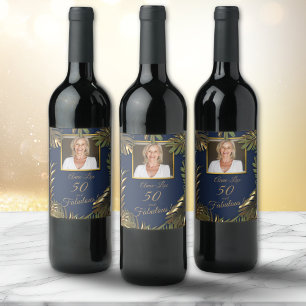 Etiqueta Para Botella De Vino Elegante foto azul dorado 50 fabuloso cumpleaños