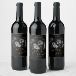 Etiqueta Para Botella De Vino Elegante foto Personalizado de boda negro y oro